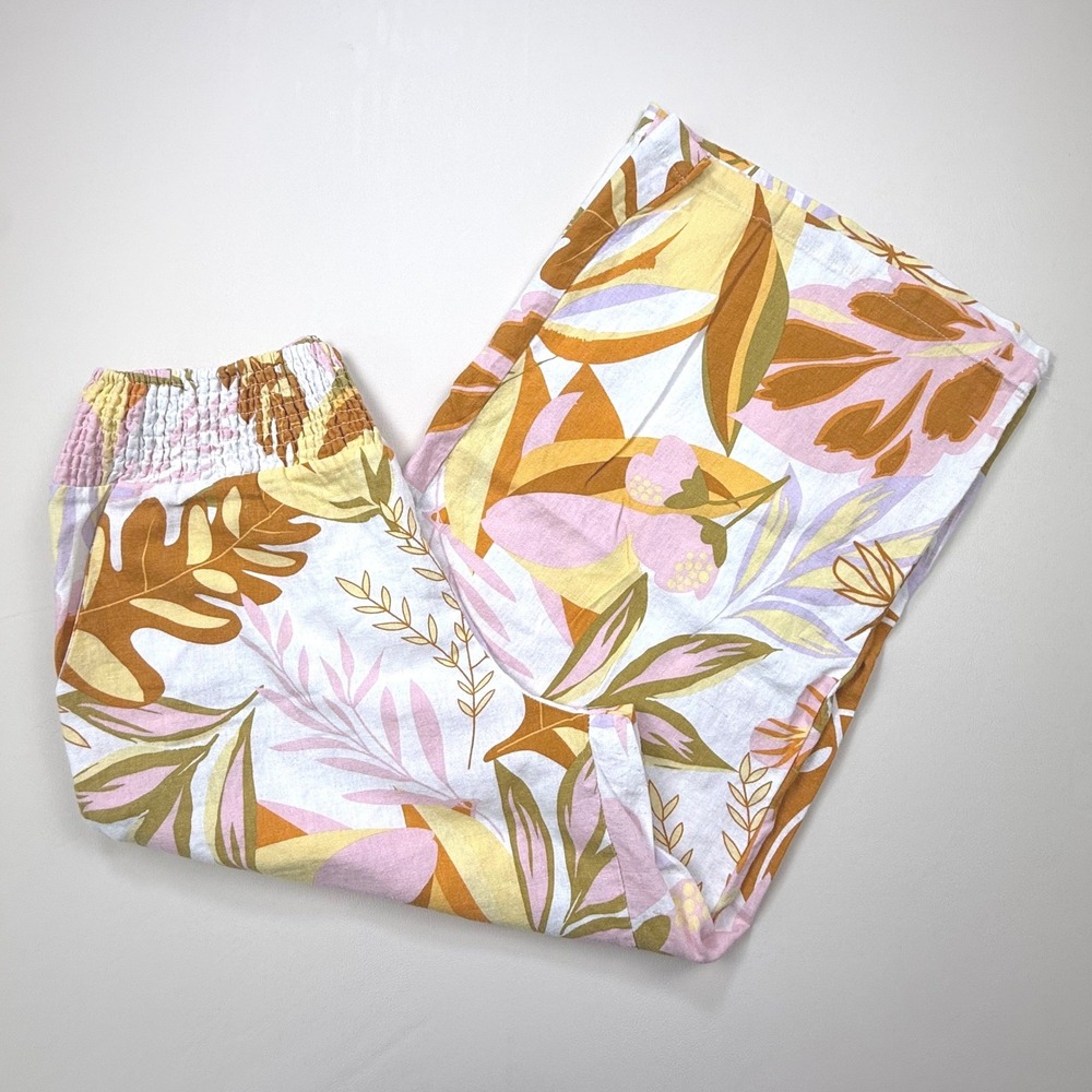 Tahari Womens Large Tropical Floral Wide Leg Linen Blend Smocked Waist Pants